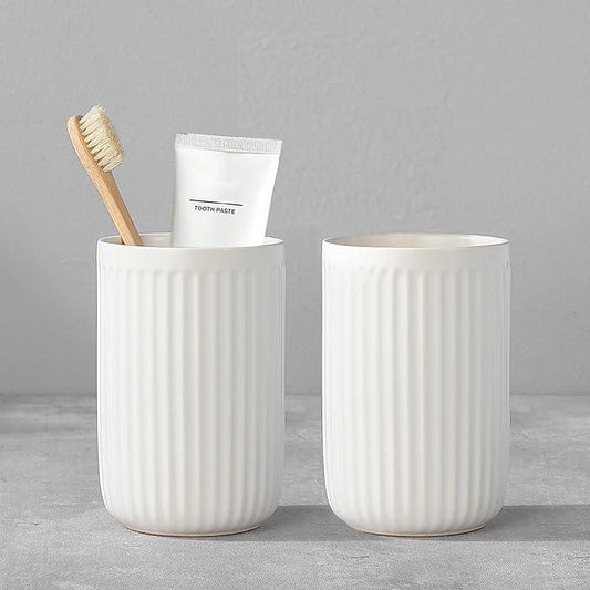 White Toothbrush Holders for Bathrooms - 2 Cups Ceramic Toothbrush Toothpaste Holders Set, White Bathroom Tumbler Cups Reusable Toothbrush Mouthwash Cup, Bathroom Counter Organizer. - ModernBath