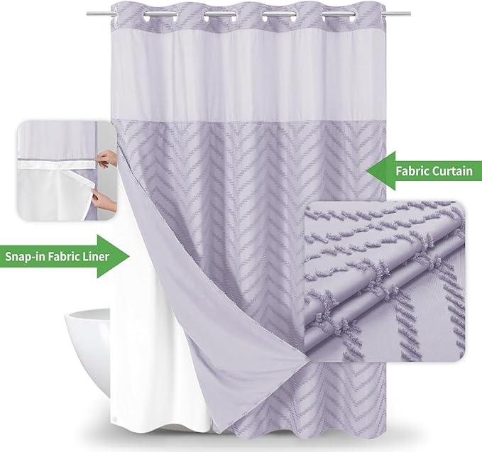 eachope Extra Long No Hook Boho Farmhouse Shower Curtain with Snap-in Fabric Liner set-71Wx86H(84H),Tufted Chevron Striped Hotel Grade Cloth Shower Curtains for Bathroom,Water Repellent,Lavender - ModernBath