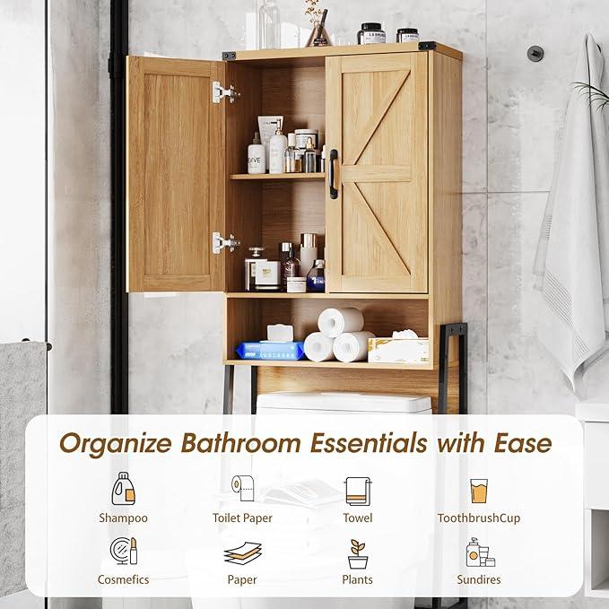 Over The Toilet Storage Cabinet with 2-Door Design Bathroom Organizers and Storage with Anti-Tip Device Over Toilet Organizer with Shelves for Bathroom,Restroom,Laundry Natural - ModernBath