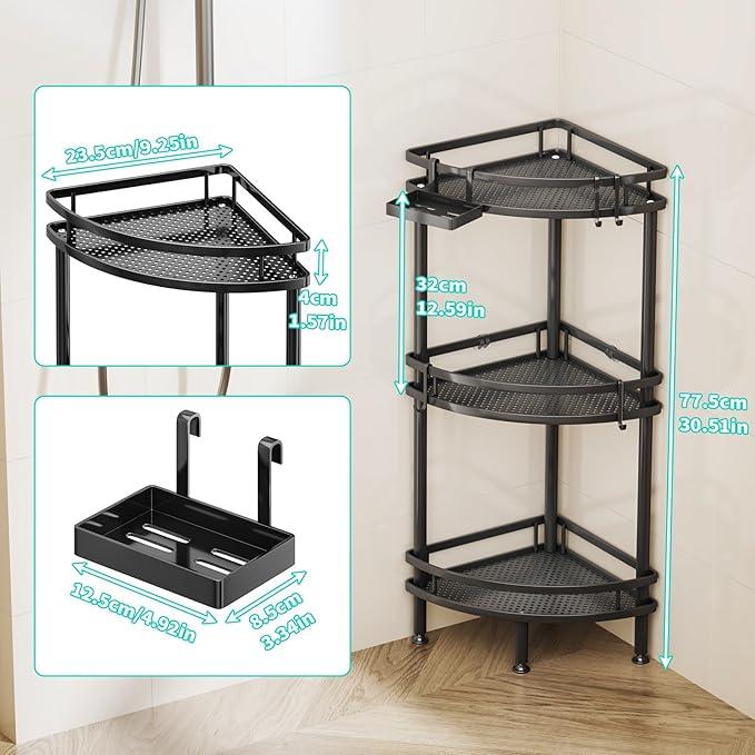 HapiRm Standing Corner Shower Caddy - 3 Tier Shower Organizer Corner with Soap Holder and 4 Hooks, Rustproof Bathroom Storage Shelves with Adhesives, Black - ModernBath