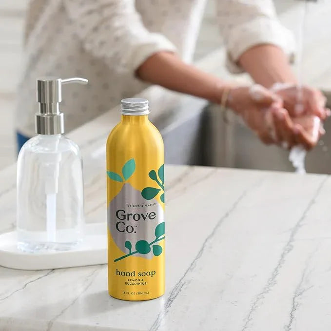 Grove Co. Hydrating Gel Hand Soap Refills (2 x 13 Fl Oz) + 1 x Reusable Glass Soap Dispenser, Refillable Liquid Hand Soap Starter Kit, Natural Lemon & Eucalyptus Fragrance - ModernBath