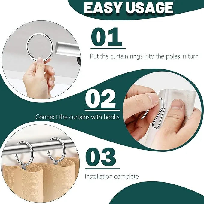 Dpyrrhic Silver 60Pcs Metal Curtain Rings and 60 Pcs Curtain Drapery Pin Hooks,Curtain Hooks for Drapes,32mm Internal Diameter for Window, Shower Curtain - ModernBath