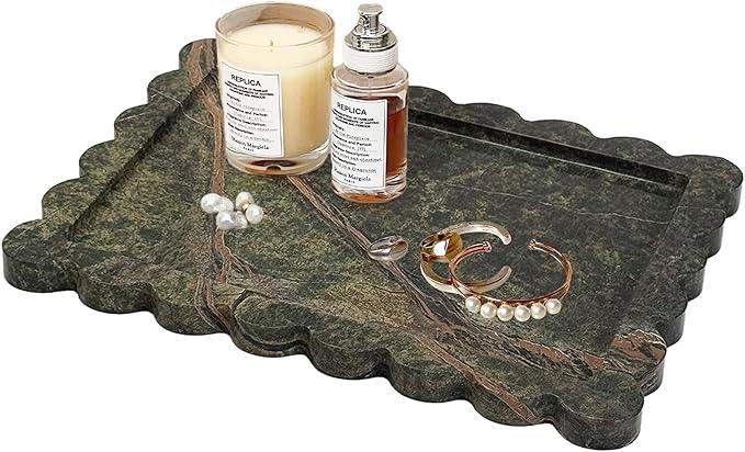 Prolee Scalloped Marble Tray,Marble Vanity Trays for Bathroom 12" x 9", Scalloped Tray,Wave Appearance Jewelry Home Decor Stone Trays for Kitchen Counter, Bathroom, Rainforest Green - ModernBath