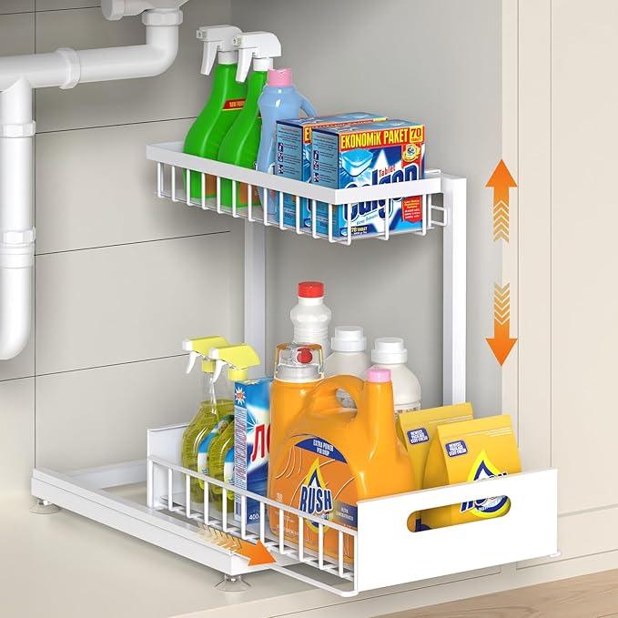 Under Sink Organizer Storage 2-Tier Premium Metal Pull-Out Racks, Height Adjustable, Heavy Dut and Easy Installation for Kitchen & Bathroom Organizers 1 Pack White - ModernBath