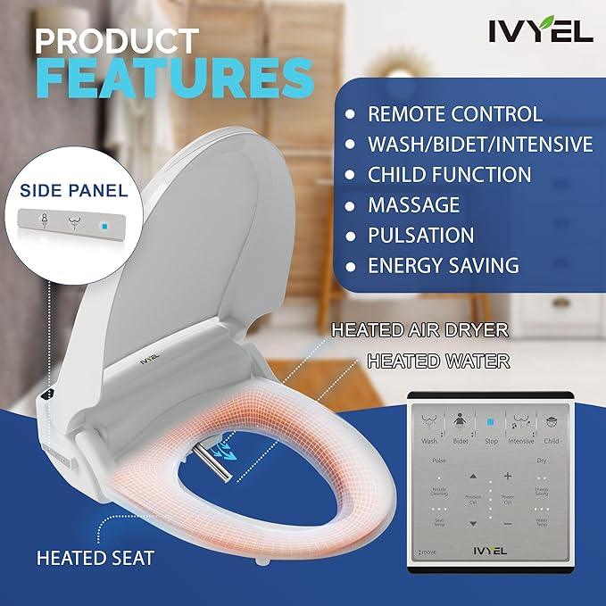 Ivyel J-2R Smart Electric Bidet for Toilet Seat,Fits Round toilet,Warm water,Heated bidet toilet seat,Remote Control,Heated Dryer, hild Function,Stainless Steel Self-Cleaning Nozzle,LED Night Light - ModernBath