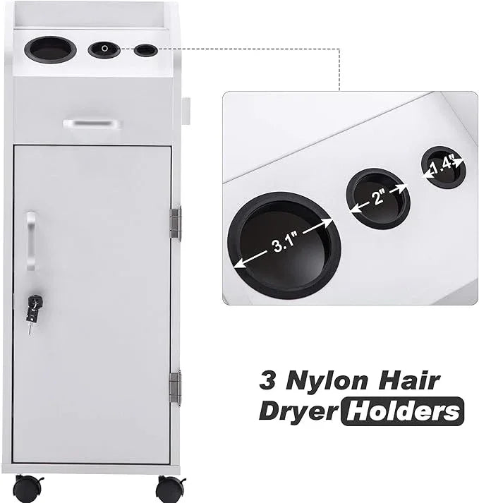 BarberPub Beauty Salon Trolley Storage Cart Hair Dryer Holder Stylist Equipment with Lockable Rolling Wheels, Drawer (White) - ModernBath