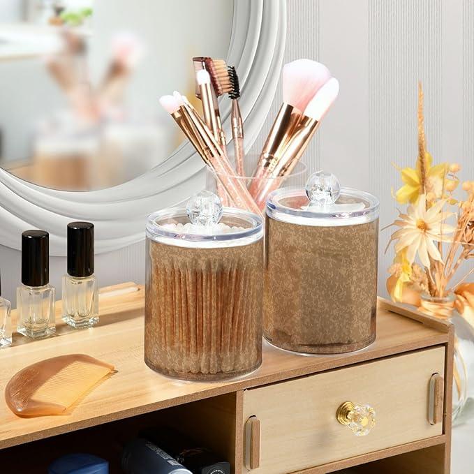 Tatenale Qtip Holder Bathroom Set Q tip Cotton Ball Swab Pad Dispenser Container Organizer Plastic Jars with Lids Storage 2Pack Abstract Brown - ModernBath