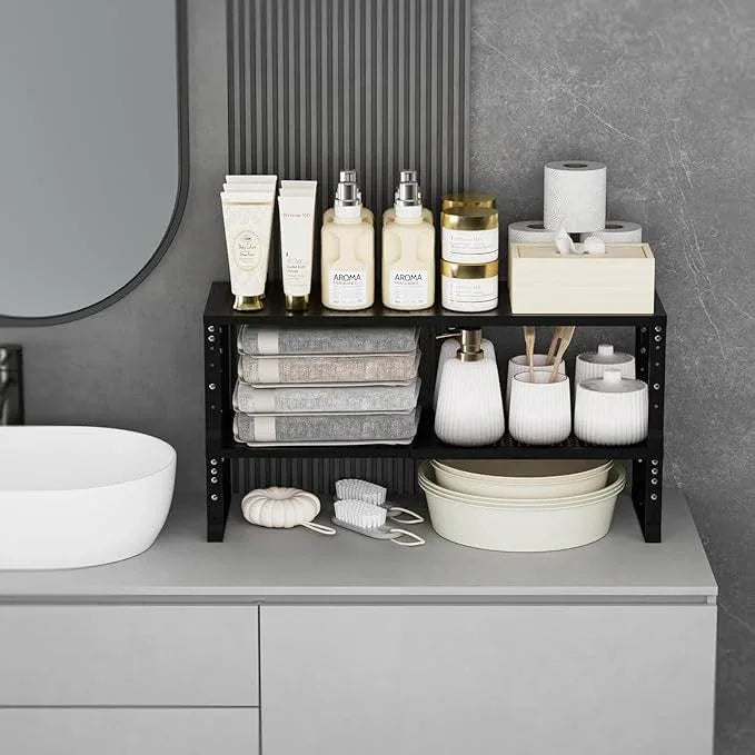 Expandable Cabinet Shelf Organizer, Storage Spice Rack, Stackable Adjustable Shelves for Kitchen, Pantry, Cupboard, Bathroom, Countertop, Desktop - 1 Pack, Black, Medium with Hole - ModernBath