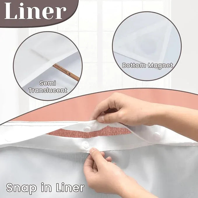 SORTTO No Hook Slub Textured Shower Curtain with Snap in Liner - Coral Fabric Outer Curtain & Waterproof Inner Liner, Hotel Style with See Through Top Window, 71x74 in - ModernBath
