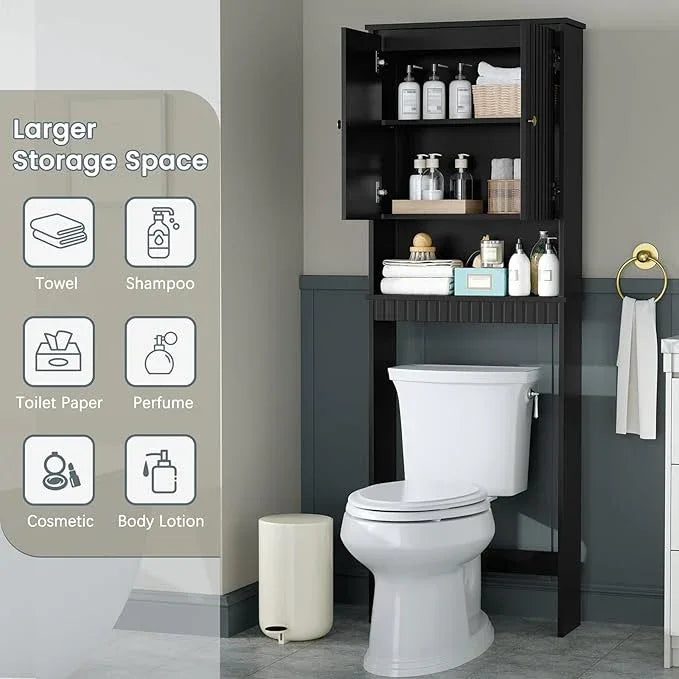 Over The Toilet Storage Cabinet, Over The Toilet Storage with Fluted Door Over The Toilet Cabinet with Adjustable Shelf Above The Toilet Storage Cabinet for Bathroom Organizer, Black - ModernBath