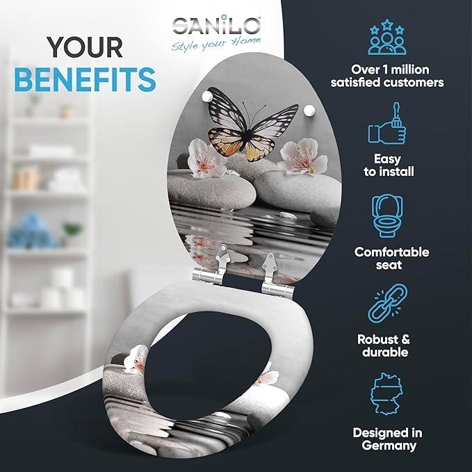 SANILO Wooden Toilet Seat with Soft Close [ELONGATED] - Decorative, Quiet & Slow Close Molded Wood Seat - With Strong Bumpers & Hinges - Adjustable Fit - Vanesa - ModernBath