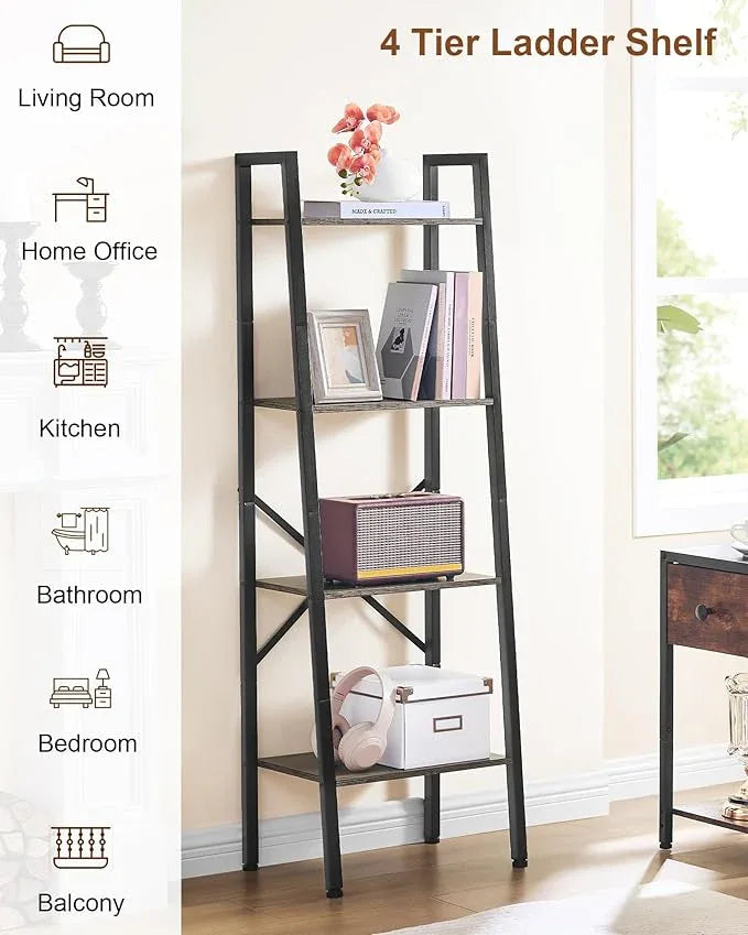Hoctieon 4-Tier Industrial Ladder Bookshelf, Narrow Ladder Shelf, Tall Standing Bookshelf, Skinny Open Ladder Shelf, for Living Room, Home Office, Kitchen, Bedroom, Metal Frame, Greige - ModernBath