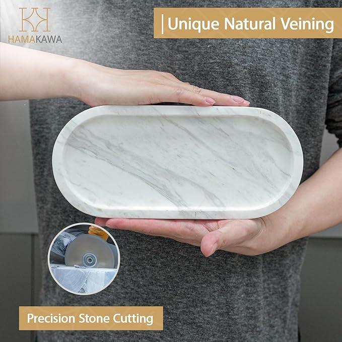 HAMAKAWA Oval Bathroom Vanity Tray, Large Natural Marble Sink Tray 10 inch, Volakas White Stone Soap Trays, Modern Perfume Trays, Countertop Organizer for Kitchen, Coffee Table, Home Decor - ModernBath