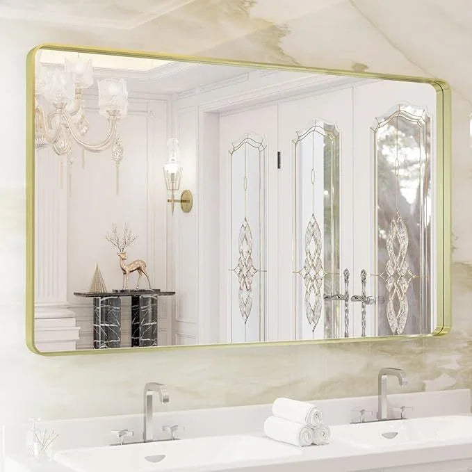 WEER Gold Bathroom Mirror, 50X30 Inch Brushed Gold Metal Frame Mirror, Rounded Rectangle Gold Bathroom Vanity Mirror for Wall, Tempered Glass, Anti-Rust, Hangs Horizontally or Vertically - ModernBath
