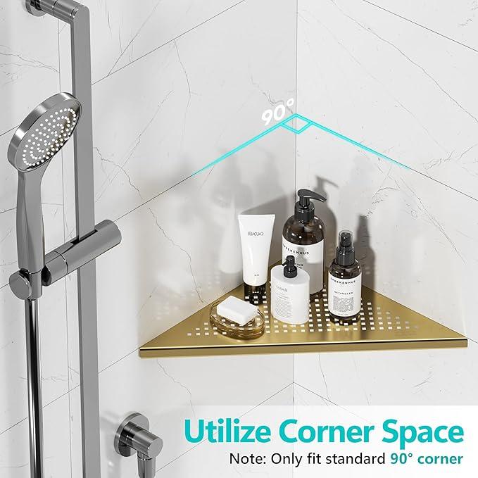 Bathroom Corner Shelf, Recessed 12" Shower Shelf Caddy, SUS304 Stainless Steel Shelf Wall Mount Triangular, No Drilling, Brushed Golden - ModernBath