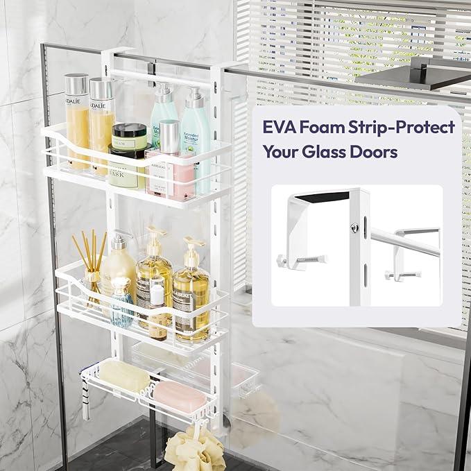 SWTYMIKI Over the Door Shower Caddy - 3 Tier Adjustable Shower Organizer Hanging with Soap Holder, No Drilling Stainless Steel Bathroom Hanging Caddy for Body Wash, Shampoo, Soap, Razor, White - ModernBath