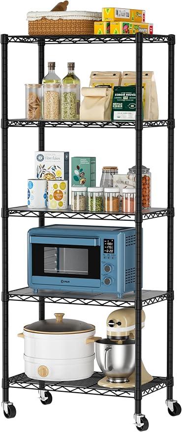 5 Tier Shelves Storage Shelf Wire Closet Bathroom Organizers Metal Pantry Kitchen Garage Shelving Unit Laundry Room Organization Home Rack Net Basket Black with Wheels 14”D X 24”W X 61”H - ModernBath