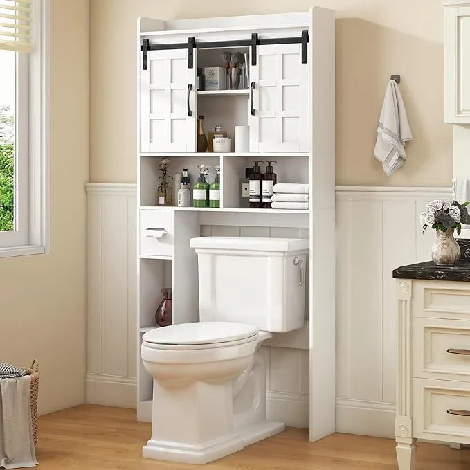 Over The Toilet Storage Cabinet, Farmhouse Storage Cabinet Over Toilet with Sliding Doors，Home Space-Saving Toilet Rack, for Bathroom, Restroom, Laundry,White - ModernBath
