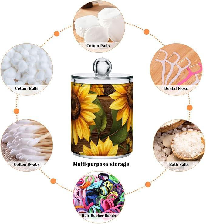 Tatenale Qtip Holder Bathroom Set Q tip Cotton Ball Swab Pad Dispenser Container Organizer Plastic Jars with Lids Storage 2Pack Yellow Sunflower Butterfly - ModernBath