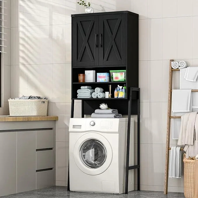 Vabches Over The Toilet Storage Cabinet, Farmhouse Over Toilet Storage Cabinet, Metal Frame with 2 Barn Doors, Home Space-Saving Toilet Rack for Bathroom, Toilet, Laundry Room,Black - ModernBath