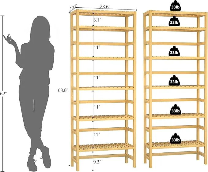Homykic 6-Tier Bamboo Bookshelves and Bookcases, Adjustable 63.4”Tall Shallow Book Shelf Organizer Rack, Freestanding Storage Shelving Unit for Living Room, Kitchen, Bathroom, Office, Natural - ModernBath