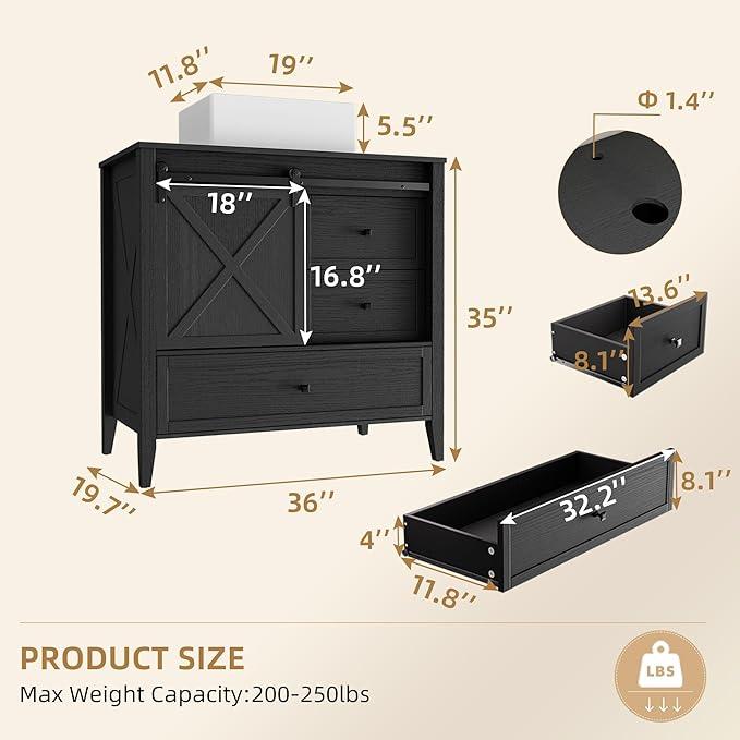 VNN Bathroom Vanity with Sink - 36 Inch Bathroom Vanity with Sink Ceramic, Freestanding Cabinet with Farmhouse Sliding Barn Door and 3 Drawers, Space-Saving Storage Cabinet, Wood Grain Texture, Black - ModernBath