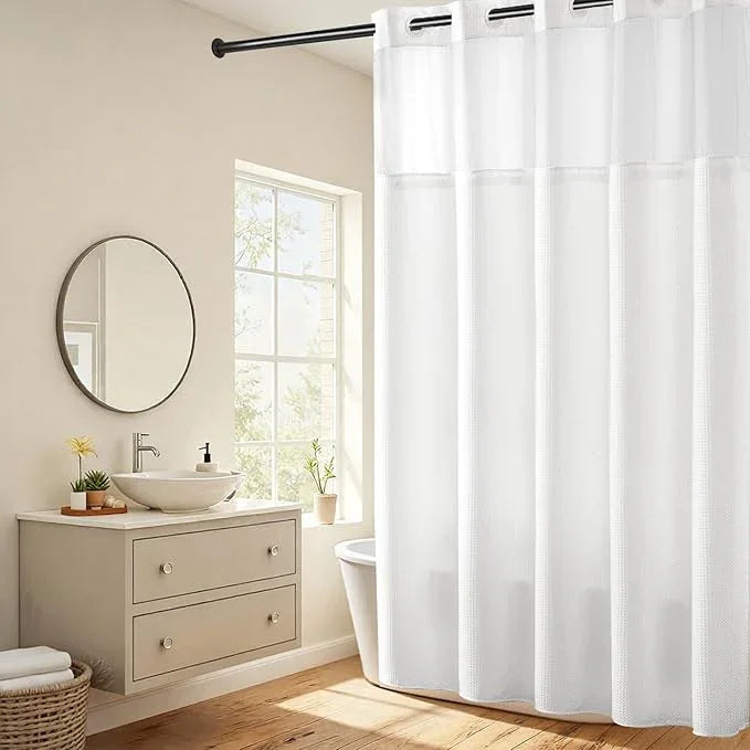 River Dream Extra Long Shower Curtains No Hooks Waffle Weave Shower Curtain with Snap in Liner - 71W x 86H,Hotel Grade,Spa Like Bath Curtain,White - ModernBath