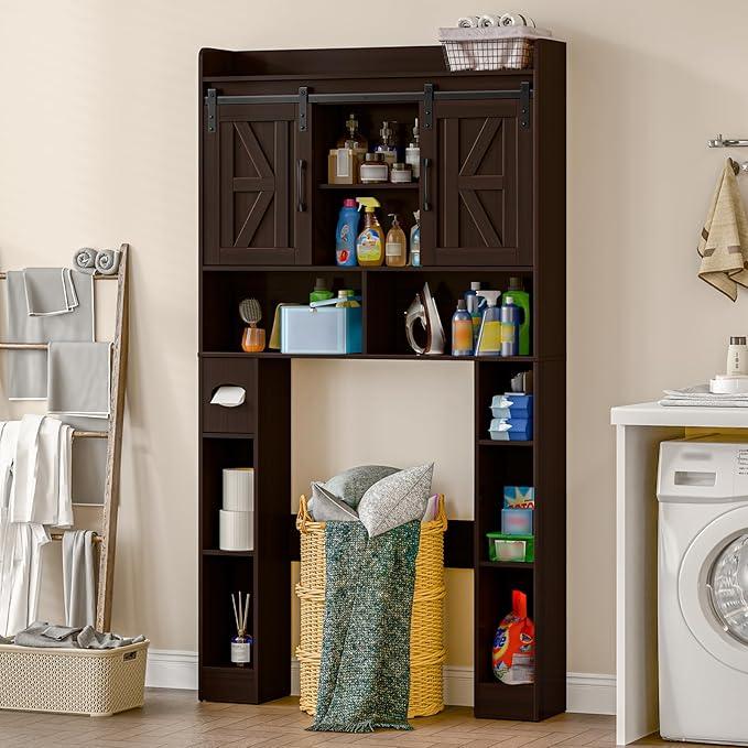 Over The Toilet Storage Cabinet, Farmhouse Toilet Cabinet Rack with Barn Doors, Space Saving Bathroom Organizer with Shelves, Toilet Paper Holder and Towel Rack for Bathroom,Restroom,Laundry,Walnut - ModernBath