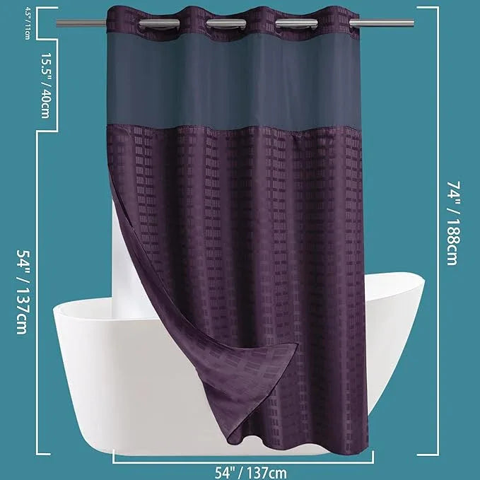 Conbo Mio Stall No Hook Shower Curtain with Snap in Liner Set, Hotel Luxury Purple Shower Curtains for Bathroom with See Through Top Window, Waterproof, Washable 54W x 74H - ModernBath