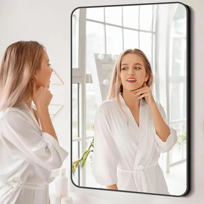 BONEWEI 30x48 inch Bathroom Mirror,Black Rectangle Mirror,Wall Mounted Bathroom Frame Vanity Mirror with Round Corner for Bedroom Living Room, Entryway Hangs Horizontal or Vertical - ModernBath