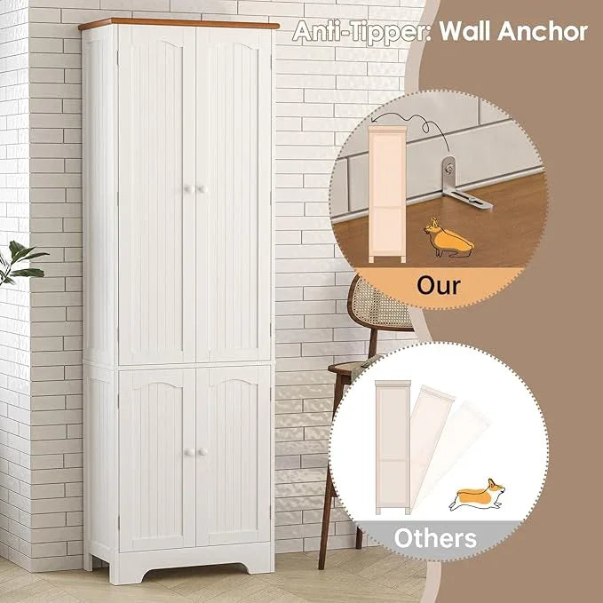 72.2'' Pantry - 4 Door Kitchen Cabinet with Adjustable Shelves, Freestanding Cupboard, Tall Storage Cabinets for Dining Room, Living Room, Laundry, Bathroom, Entryway, White - ModernBath