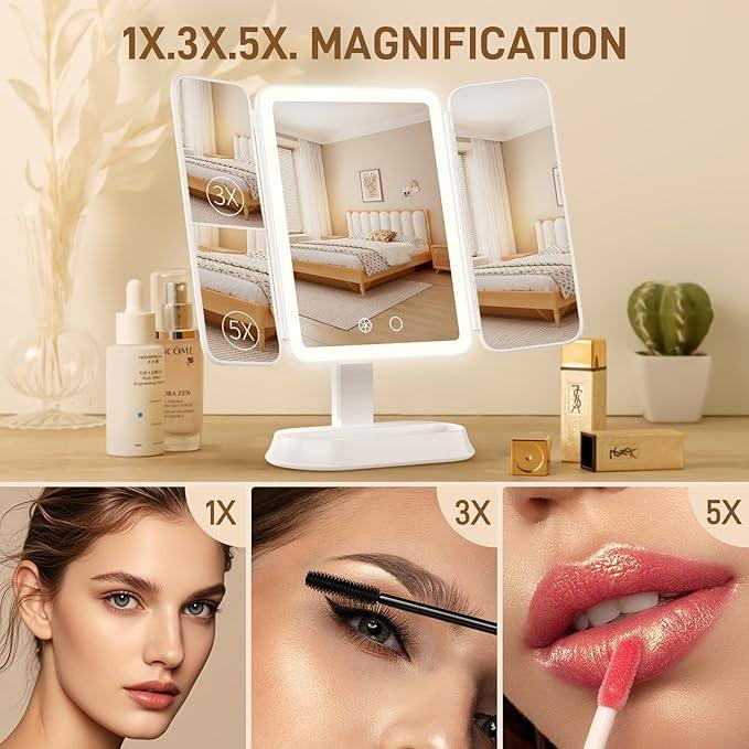 FRANO Vanity Mirror with Lights - Rechargeable Lighted Makeup Mirror | 1X/3X/5X Magnification, Smart Touch, 3 Colors Dimmable | Portable Trifold Mirror for Travel for Women and Girls - ModernBath