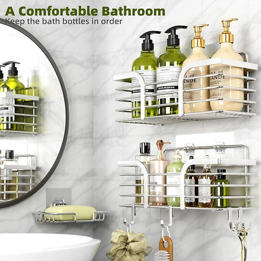 Yougai Shower Caddy Shower Shelf with Soap Dish and 4 Hooks, SUS304 Stainless Steel Shampoo Holder Bathroom Shower Organizer No Drilling Adhesive Wall Mounted Storage Shelves Basket Accessories-3 Pack - ModernBath