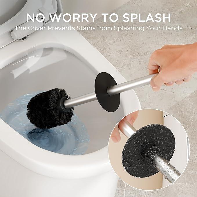 FORIOUS Toilet Brush and Holder Set, Heavy Duty 304 Stainless Steel Base Square and Long Handle for Bathroom Deep Cleaning, Drip-Proof, Space Saving for Storage, 2 Toilet Bowl Brush Head - ModernBath