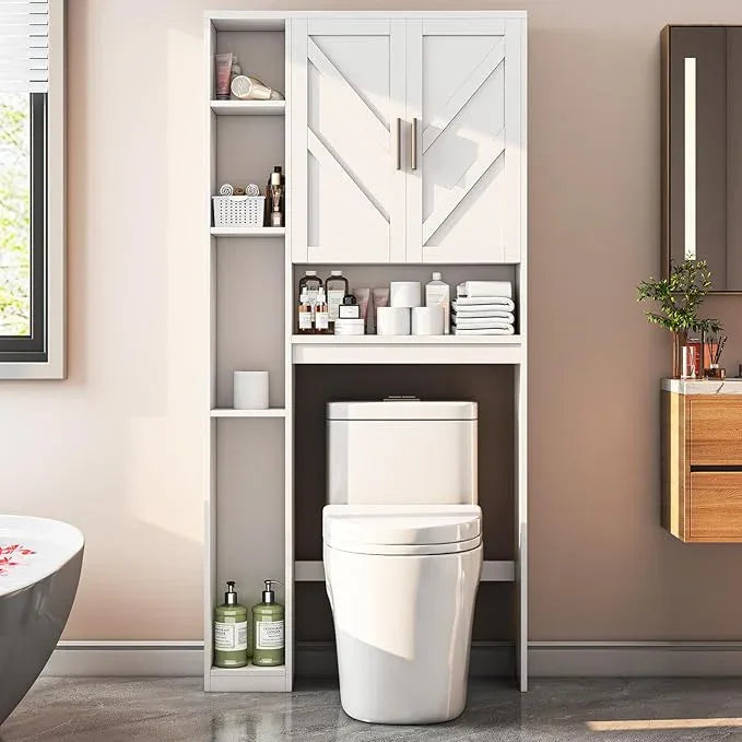 Over The Toilet Storage Cabinet with 7 Storage Shelves, Above Toilet Bathroom Organizer with Toilet Paper Holder Stand, Behind Toilet Cabinet, Space Saver for Restroom, Bathroom, Laundry, White - ModernBath