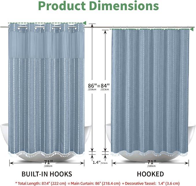 eachope No Hook Extra Long Shower Curtain Set with Snap-in Liner,Linen Textured Thick Striped Fabric with Tassels,Boho Chic Modern Farmhouse Bathroom Curtain,Water-Repellent,Blue,71x86 - ModernBath