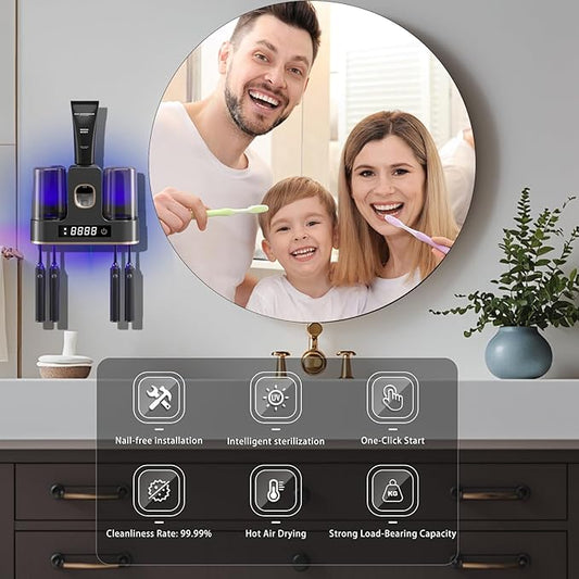 POPZJXDM Electric Toothbrush Holders for Bathrooms, Dustproof Smart Toothbrush Holder Wall Mounted - 4 Brush/2 Cup, Auto Toothpaste Dispenser, Hot Air Drying & LCD Display,Toothbrush Cleaner (Gray)
