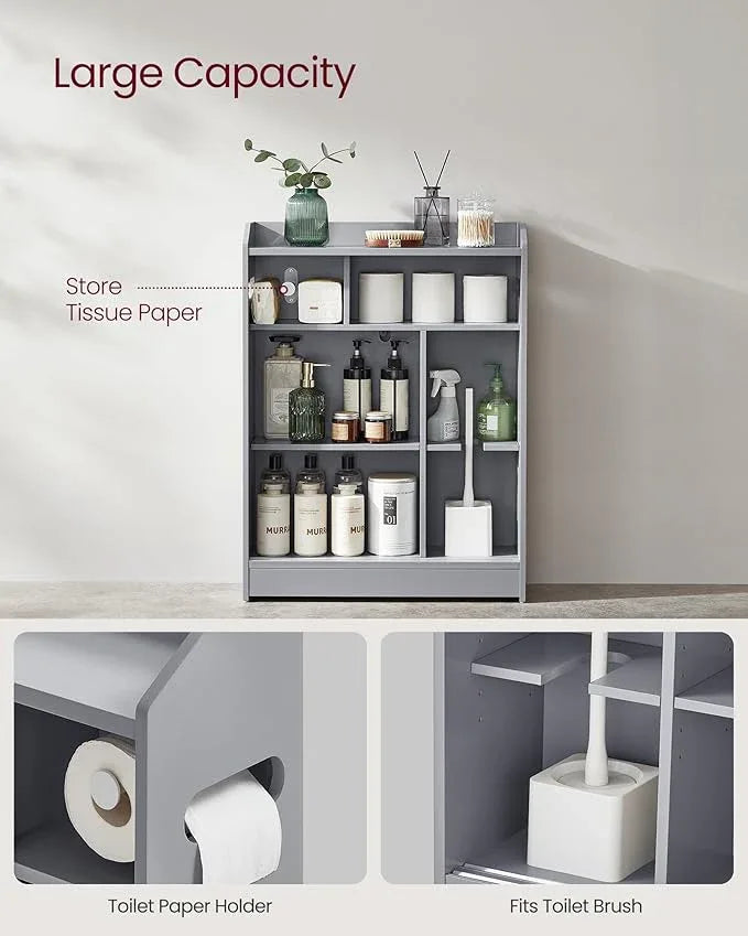 VASAGLE Narrow Storage Cabinet, Slim Floor Cabinet with Sliding Doors, Toilet Paper Holder and Brush Compartment, for Bathroom and Living Room, 7.9 x 23.6 x 31.5 Inches, Dove Gray UBBC752G02 - ModernBath