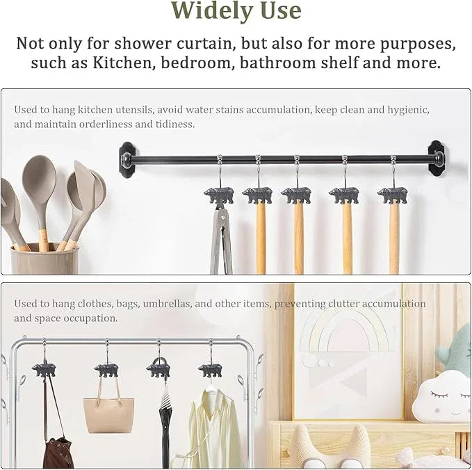 Decorative Forest Animal Shower Hooks, 12-Pack Bear Design with Smooth Gliding Rings, Rust-Proof for Bathroom Bedroom Living Room Decor - ModernBath
