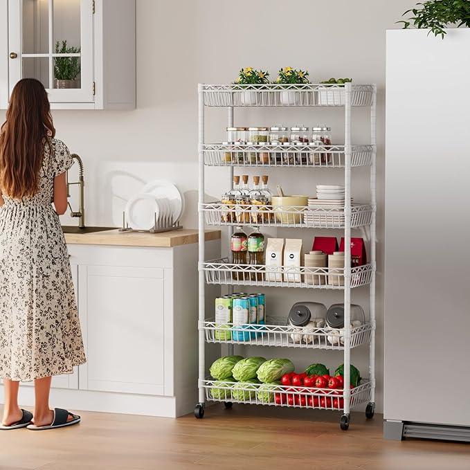 6 Shelves Storage Shelf Wire Closet Bathroom Organizers Metal Pantry Kitchen Garage Shelving Unit Laundry Room Organization Home Rack Net Basket White with Wheels 30" Dx14 Wx65 H - ModernBath