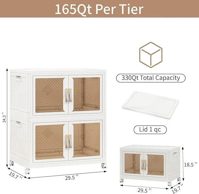 Large Stackable Storage Bins with Lids, 330QT-165QT*2Tier Foldable Cabinet for Closet Organizers, Plastic Storage Containers Box with Wheels - ModernBath