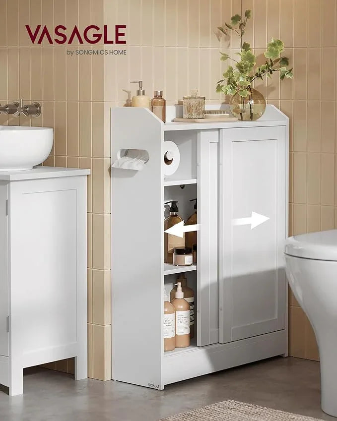 VASAGLE Narrow Storage Cabinet, Slim Floor Cabinet with Sliding Doors, Toilet Paper Holder and Brush Compartment, for Bathroom and Living Room, 7.9 x 23.6 x 31.5 Inches, Cloud White UBBC752W01 - ModernBath