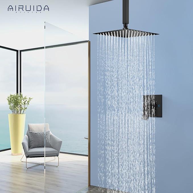Airuida Shower Faucet Set and Handle Set Single Function Shower Trim Kit Ceiling Mount Rainfall Shower System with Male Threads and Rough-in Valve 10 Inch Square Shower Head Matte Black - ModernBath
