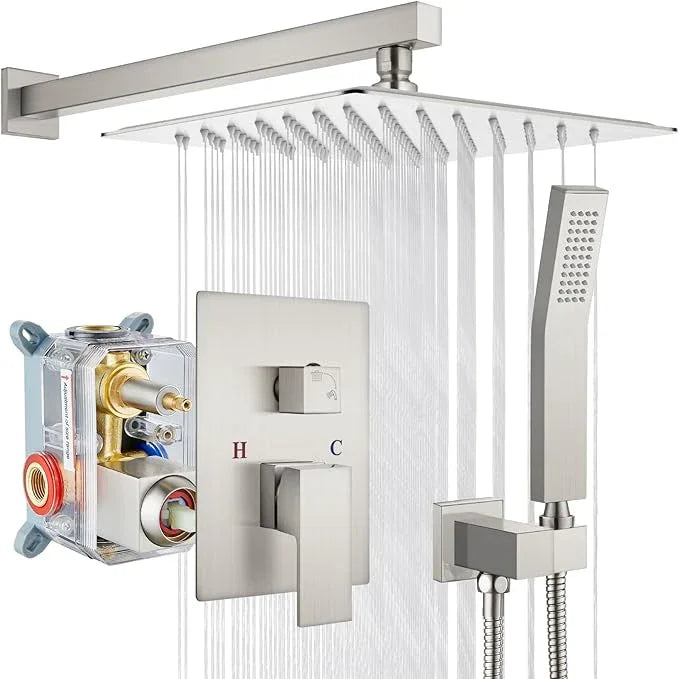 gotonovo Rainfall Bathroom Shower System Rain Shower Head and Handle Set Wall Mounted Shower Complete Combo Solid Brass Pressure Balancing Shower Mixer Valve 10 Inch Brushed Nickel - ModernBath