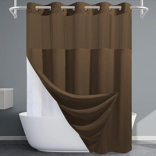 EUTXL Brown No Hook Shower Curtain with Snap in Liner,230GSM Waffle Weave Shower Curtains for Bathroom,71W x 74H - ModernBath