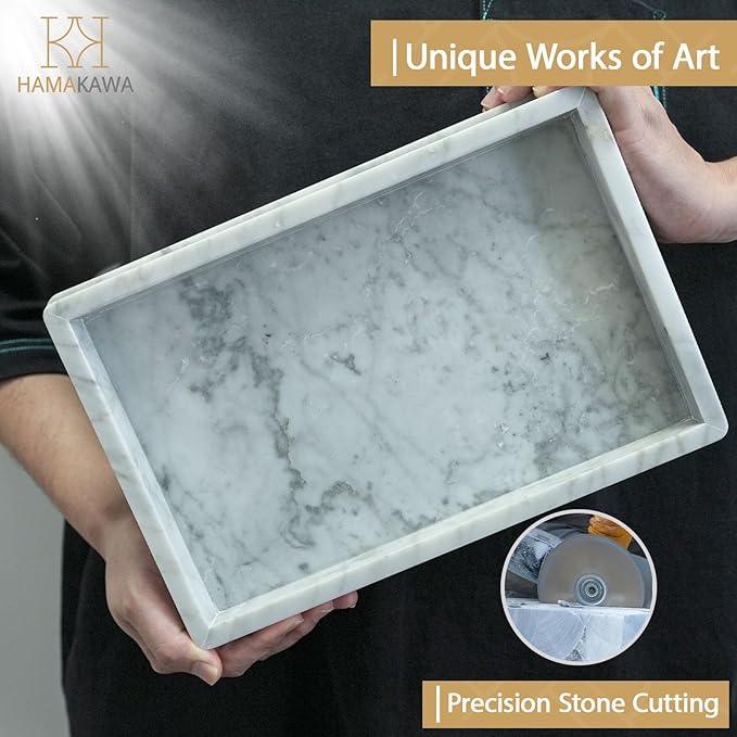 HAMAKAWA Large Natural Marble Bathroom Vanity Tray 12 inch, Carrara White Stone Jewelry Tray, Rectangle Sink Trays, Modern Tank Trays, Countertop Organizer for Soap Dispenser, Kitchen, Home Decor - ModernBath
