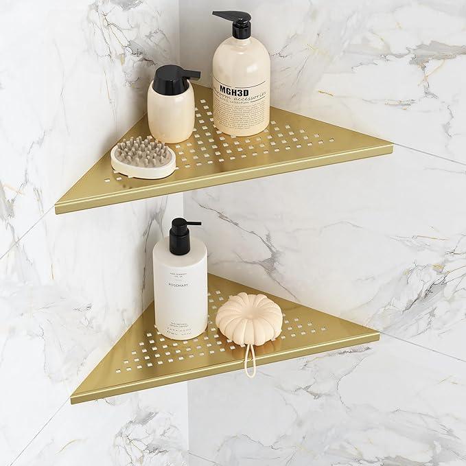 Corner Shower Shelves, 10” Recessed Tile Shower Shelf Brushed Golden, 304 Stainless Steel Grout in Corner Tile Shower Shelves, No Drilling, 2 Pack - ModernBath