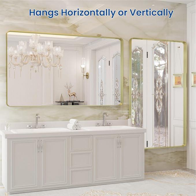 WEER Gold Bathroom Mirror, 50X30 Inch Brushed Gold Metal Frame Mirror, Rounded Rectangle Gold Bathroom Vanity Mirror for Wall, Tempered Glass, Anti-Rust, Hangs Horizontally or Vertically - ModernBath