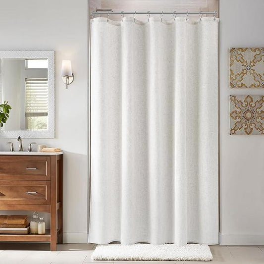 Naturoom 54 Inch Shower Curtain - Stall Narrow Half Linen Ultra Thick Fabric Shower Curtain Set with Hooks, Boho Farmhouse Rustic RV Camper Bath Curtains for Bathroom, Beige White, 54x78 - ModernBath