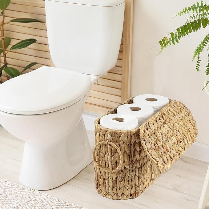 Toilet Paper Storage Basket with Lid, Water Hyacinth Slim Toilet Paper Holder - Holds Up to 6 Mega Rolls, Wicker Basket for Bathroom Accessories Decor Organizer - ModernBath